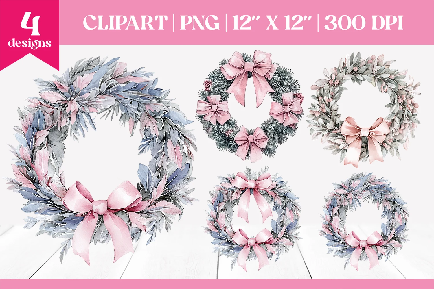 Pink Bow Watercolor Christmas Wreath PNG preview showing Christmas motifs with soft watercolor texture