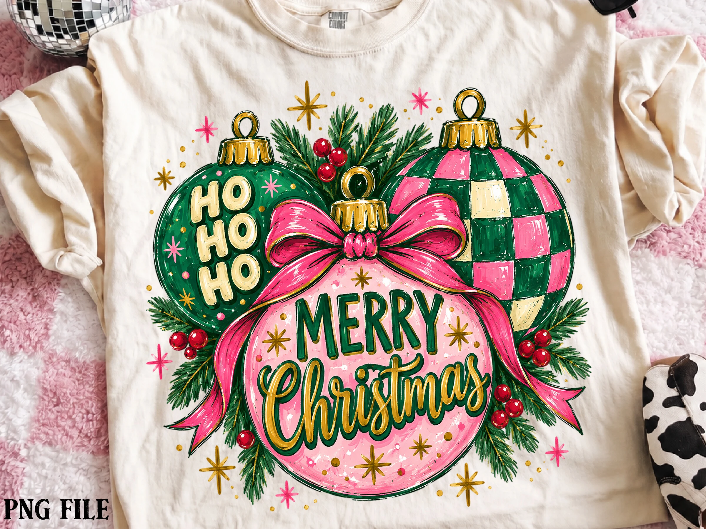 Pink Christmas Ornaments PNG preview showing Christmas motifs with composition