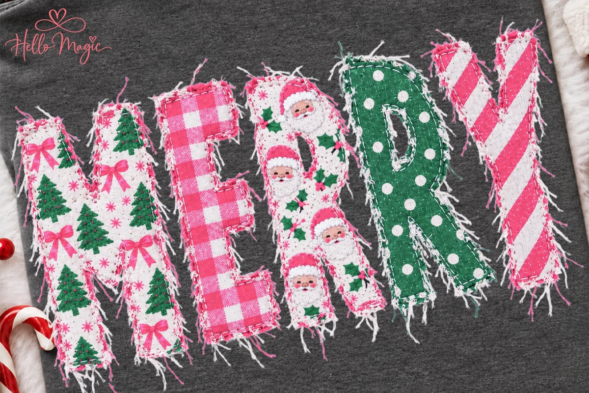 Pink Patchwork Merry Christmas PNG preview showing Christmas motifs with composition