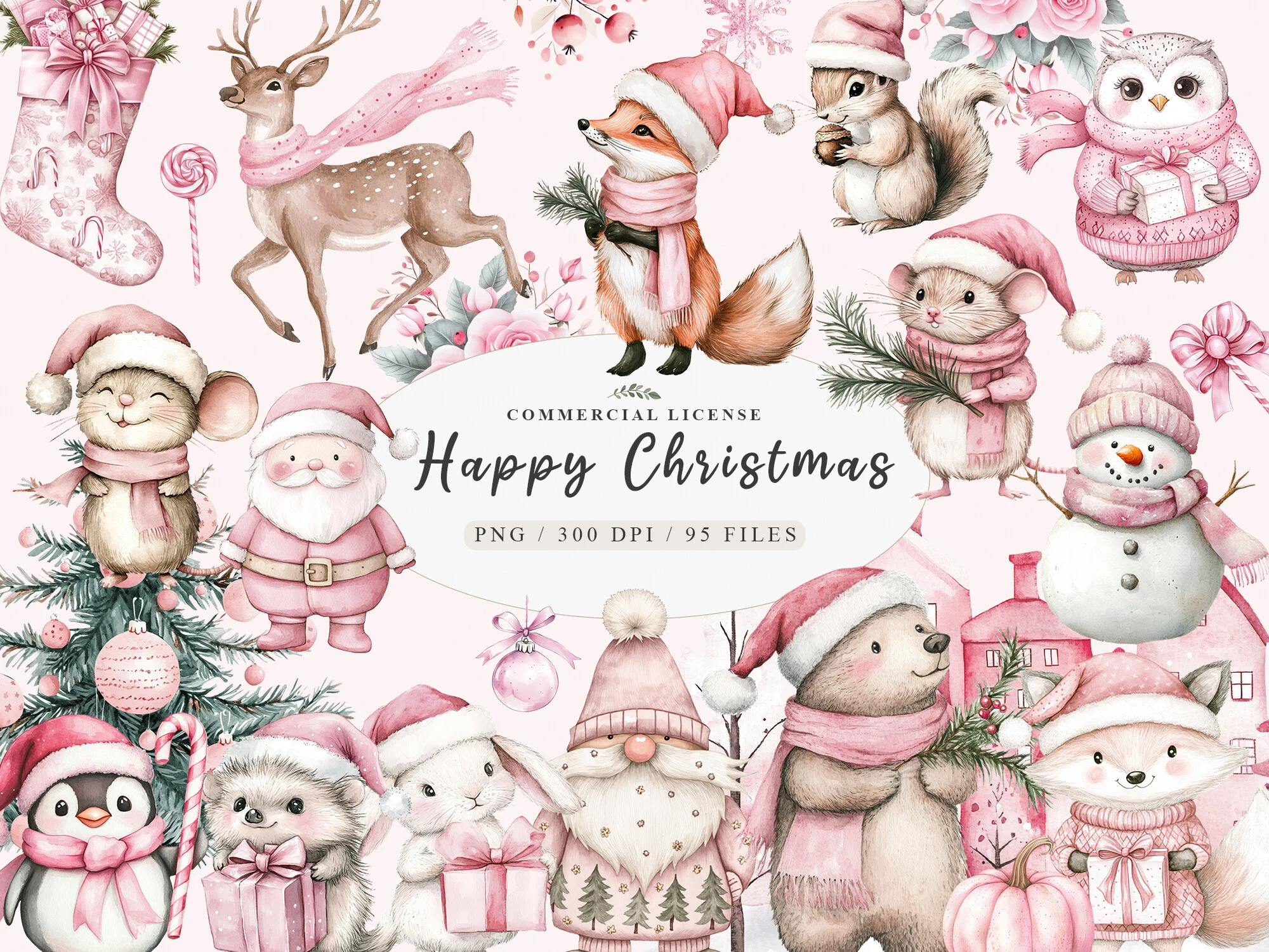 Pink Trendy Christmas Santa Png Bundle, preview showing Christmas motifs with composition