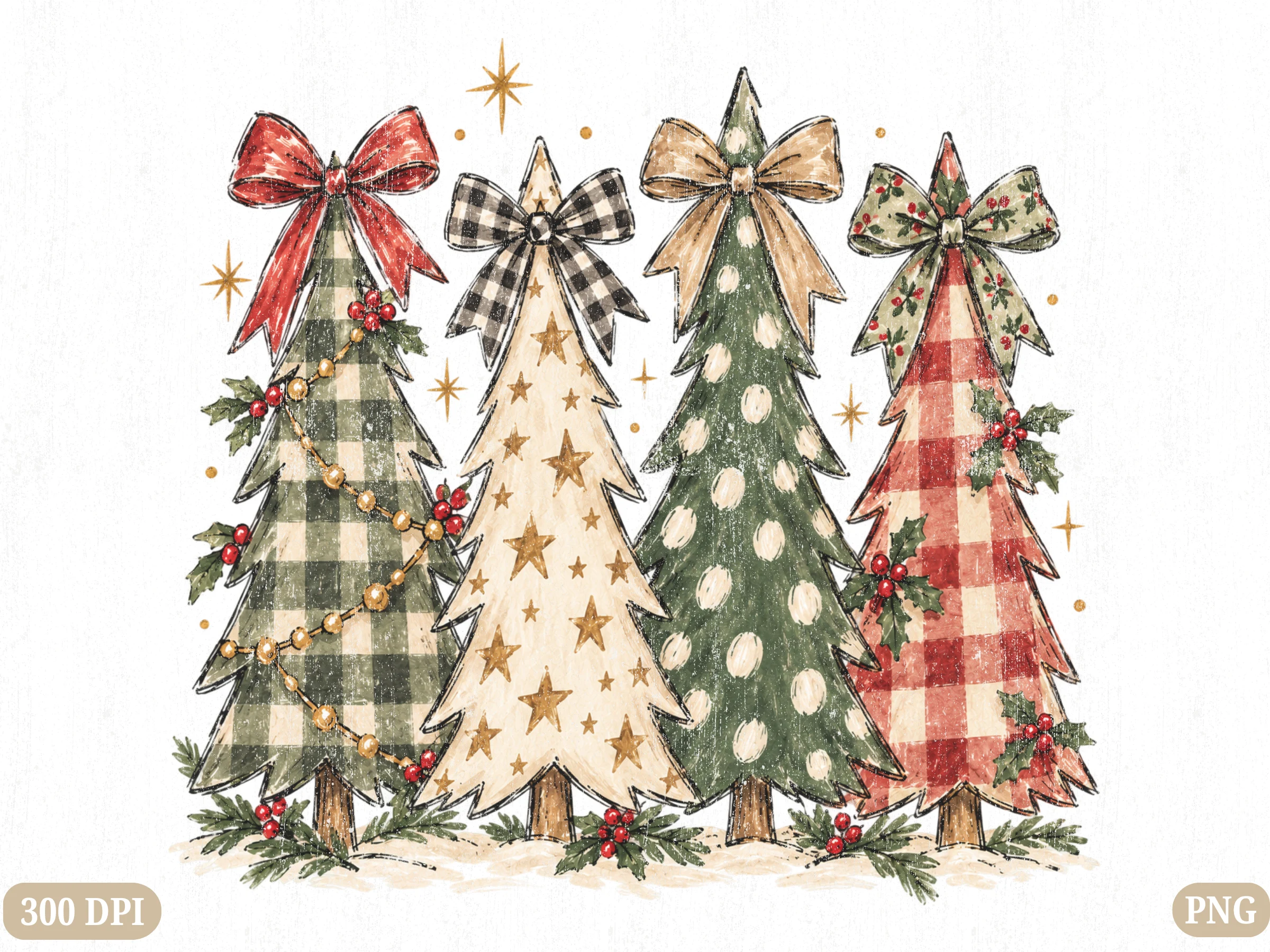 Plaid Christmas Tree PNG, Rustic Bow Chr preview showing Christmas motifs with period-inspired styling