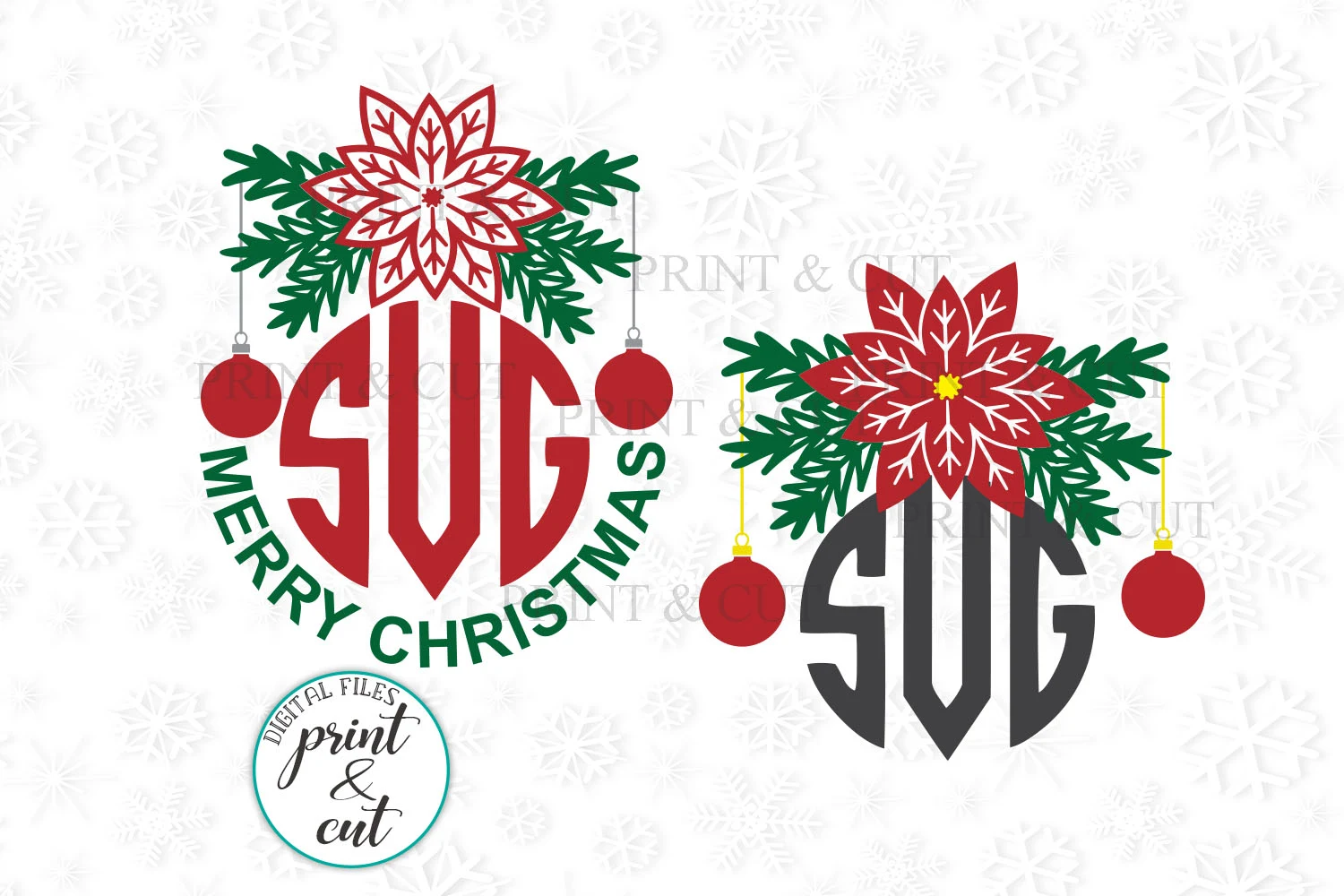 Poinsettia Flowers Circle Monogram Svg featuring poinsettia flower and pine branches
