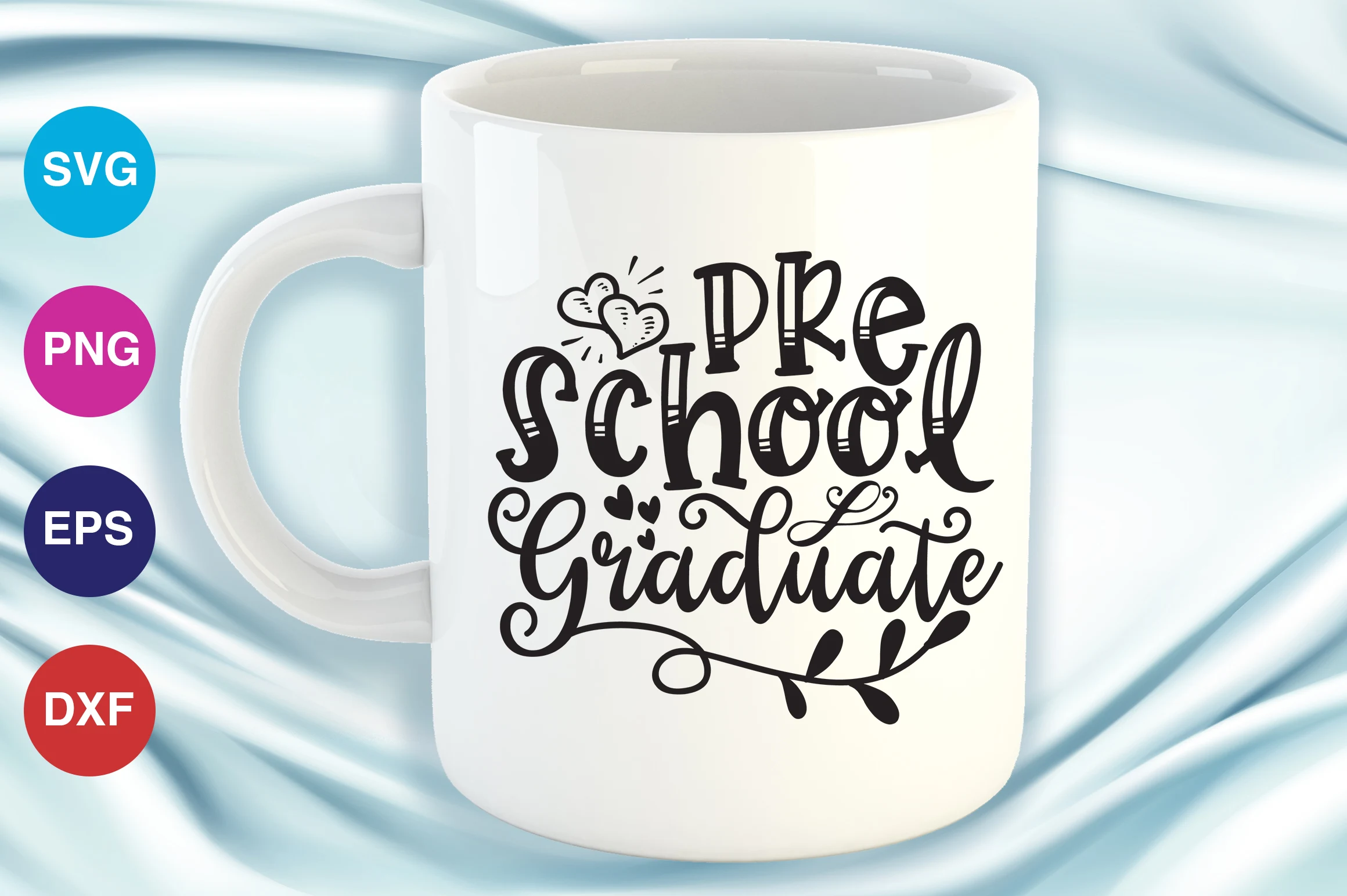 PRE School Graduate graphic design featuring stylized hand-lettered text, two small hearts at the top, and a decorative vine flourish at the bottom.