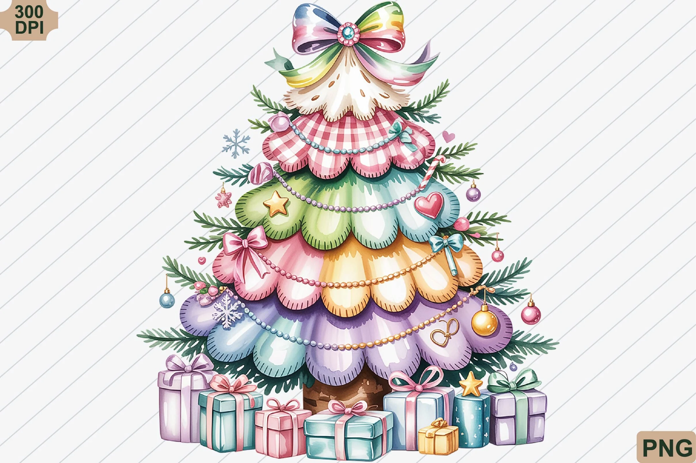 Preppy Coquette Christmas Tree PNG preview showing Christmas motifs with friendly character styling
