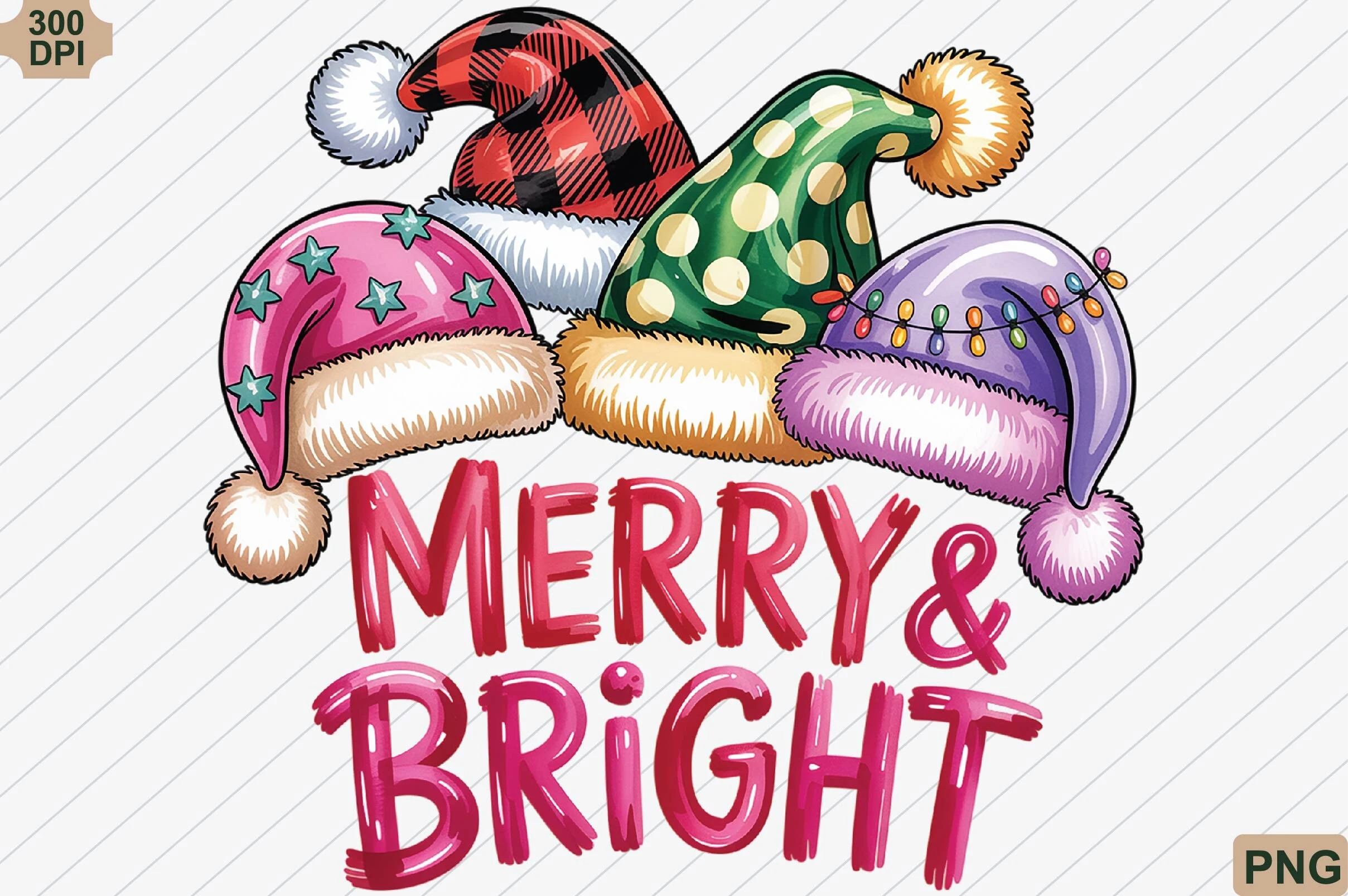 Preppy Merry & Bright Christmas Hat PNG preview showing Christmas motifs with friendly character styling