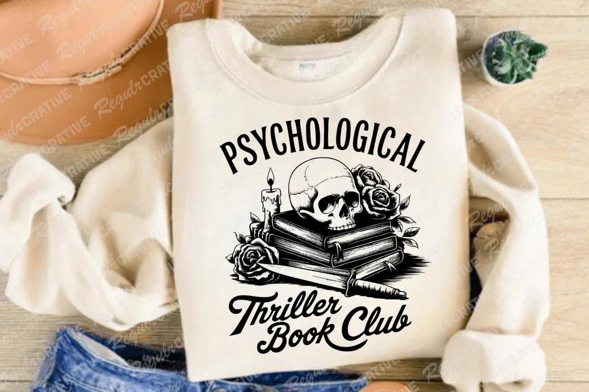 Psychological Thriller Book Club SVG featuring human skull and stack of books