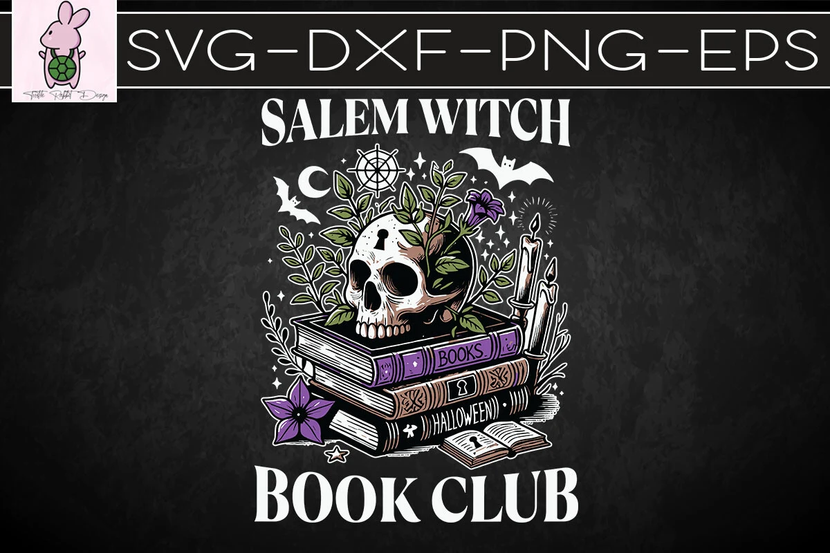 Salem Witch Book Club Spell SVG featuring skull and stack of books