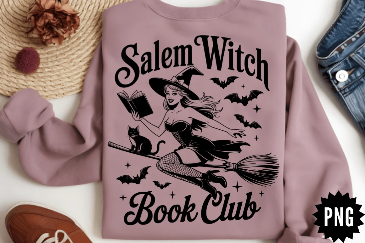 Salem Witch Book Club SVG Design featuring witch and cat