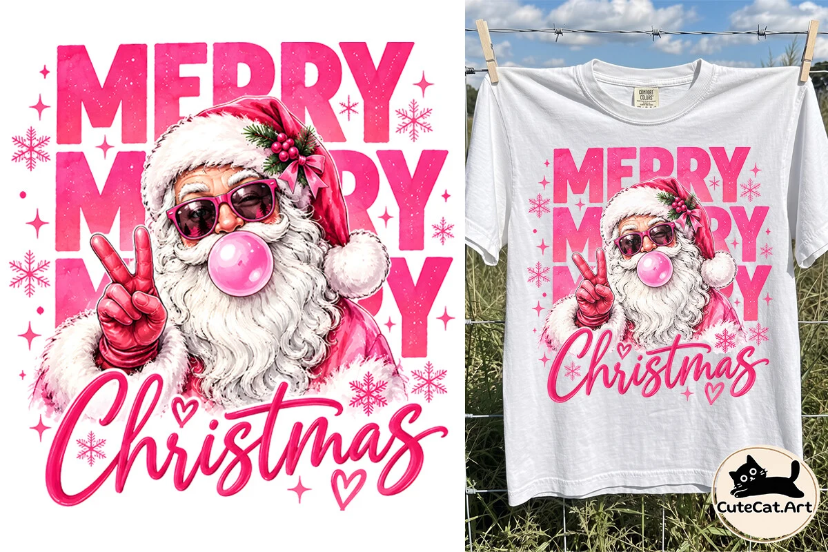 Santa Bubble Gum Merry Christmas PNG preview showing Christmas motifs with composition