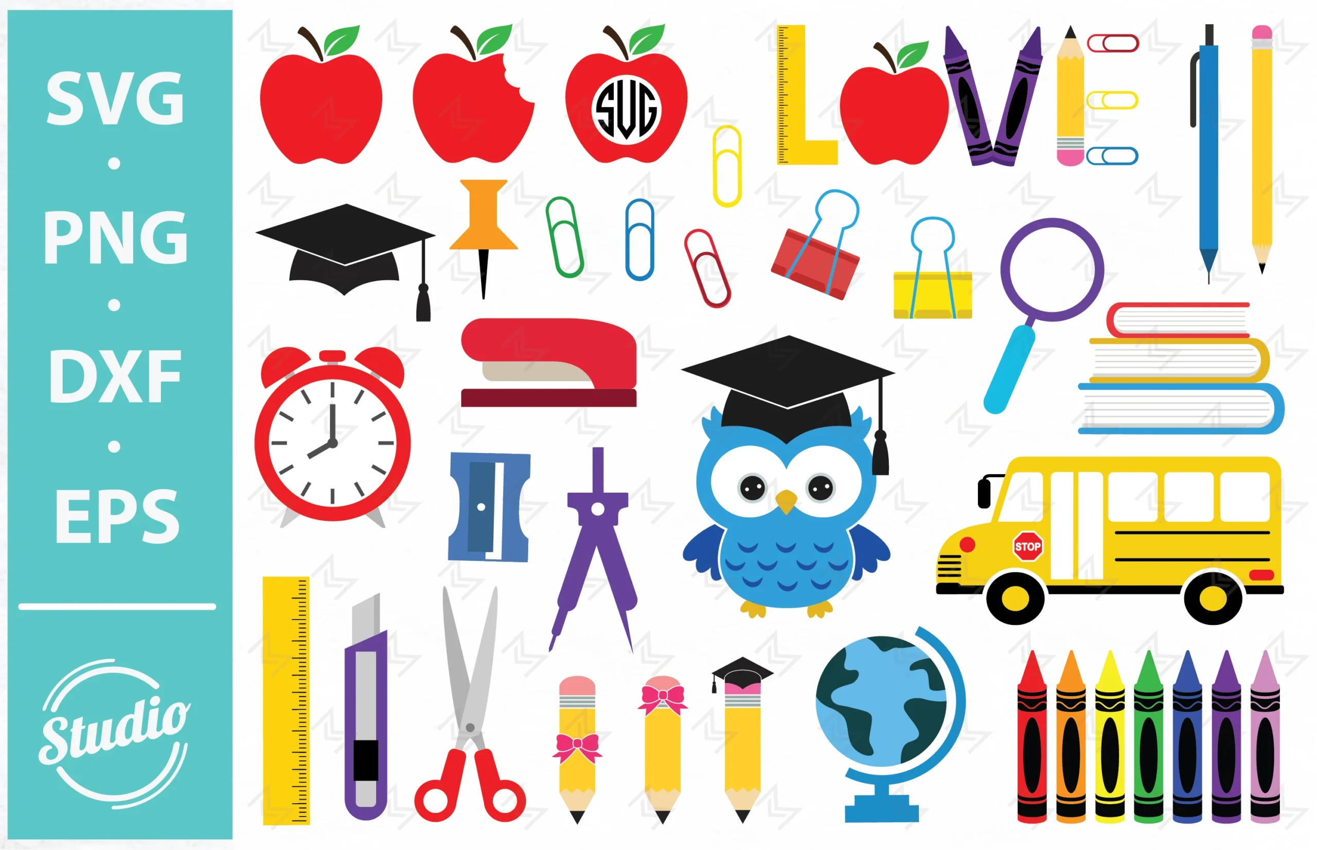 School Bundle, Kindergarten, Teacher Svg featuring school supplies and apple