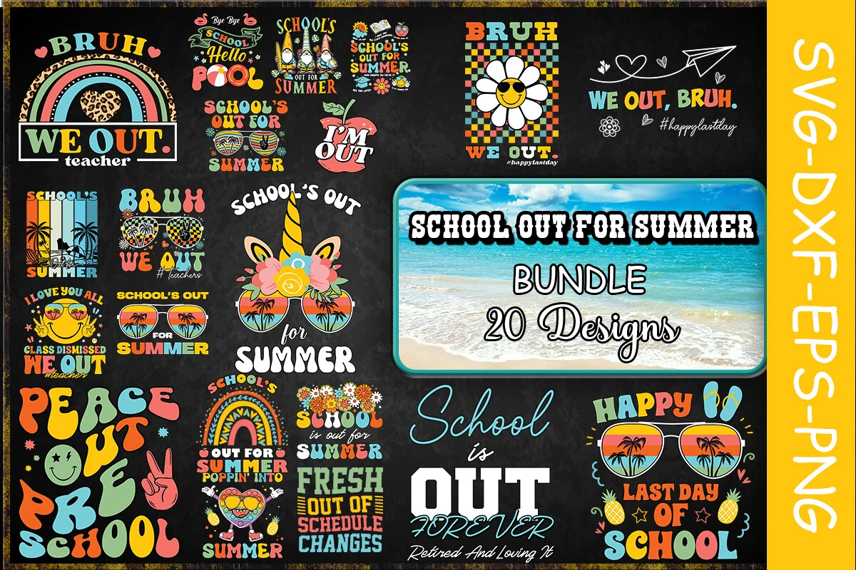 School out for Summer SVG Bundle featuring sunsets and palm trees