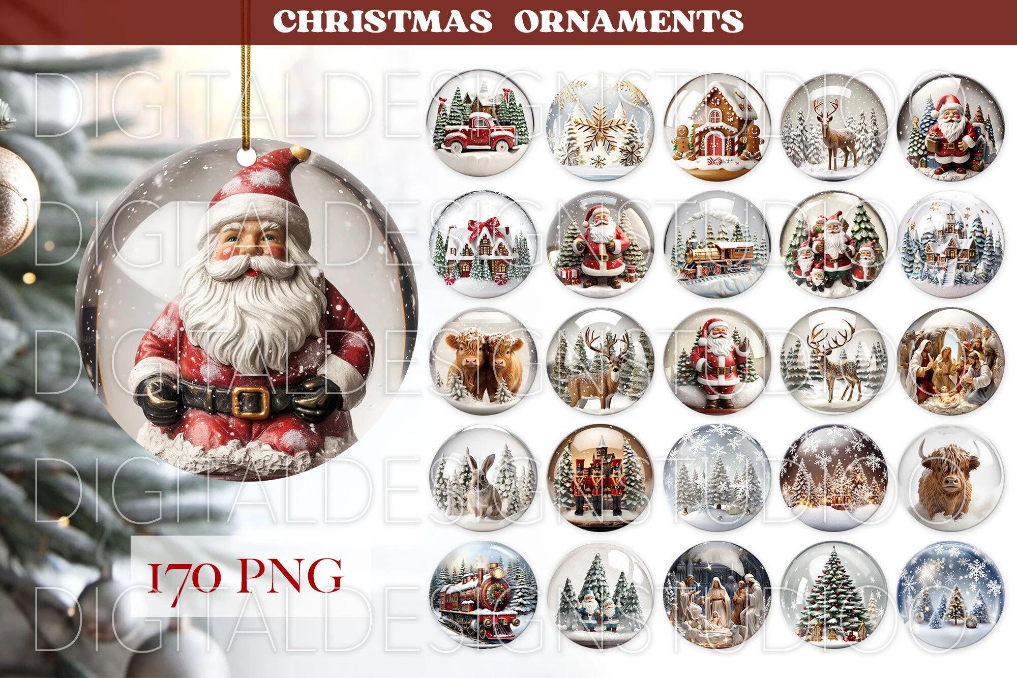 Snow Globe Christmas Ornaments Png preview showing Christmas motifs with composition