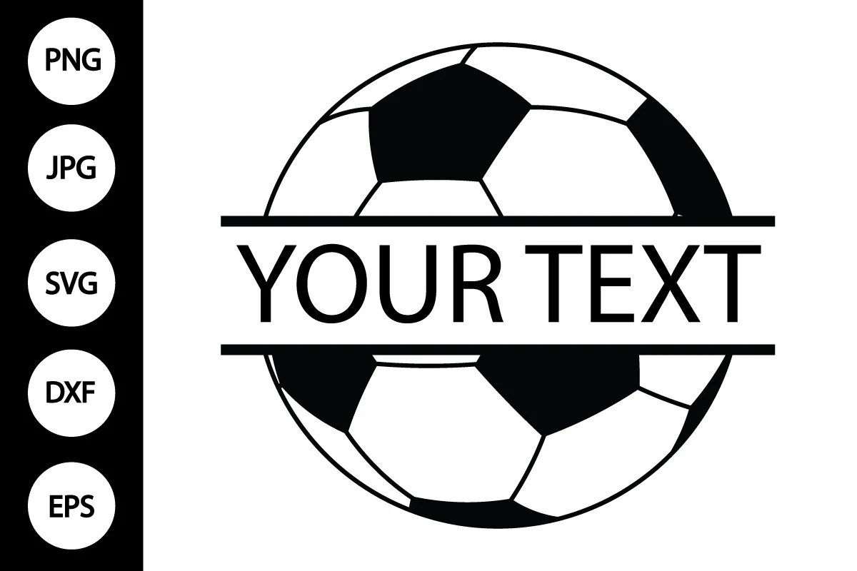 Soccer Ball Split Monogram SVG features a black and white vector illustration of a soccer ball cut in half by a central horizontal rectangle intended for user-added text.