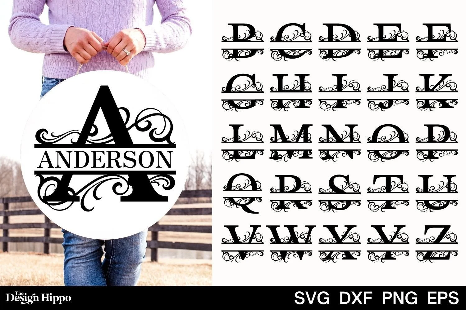 Split Monogram SVG | a-Z Alphabet Font featuring split-letter monograms and ornamental filigree flourishes