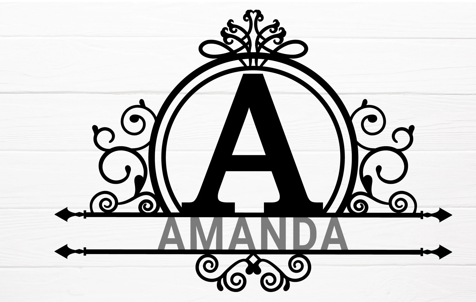 Split Monogram Svg Cut File featuring letter A and ornamental scrollwork