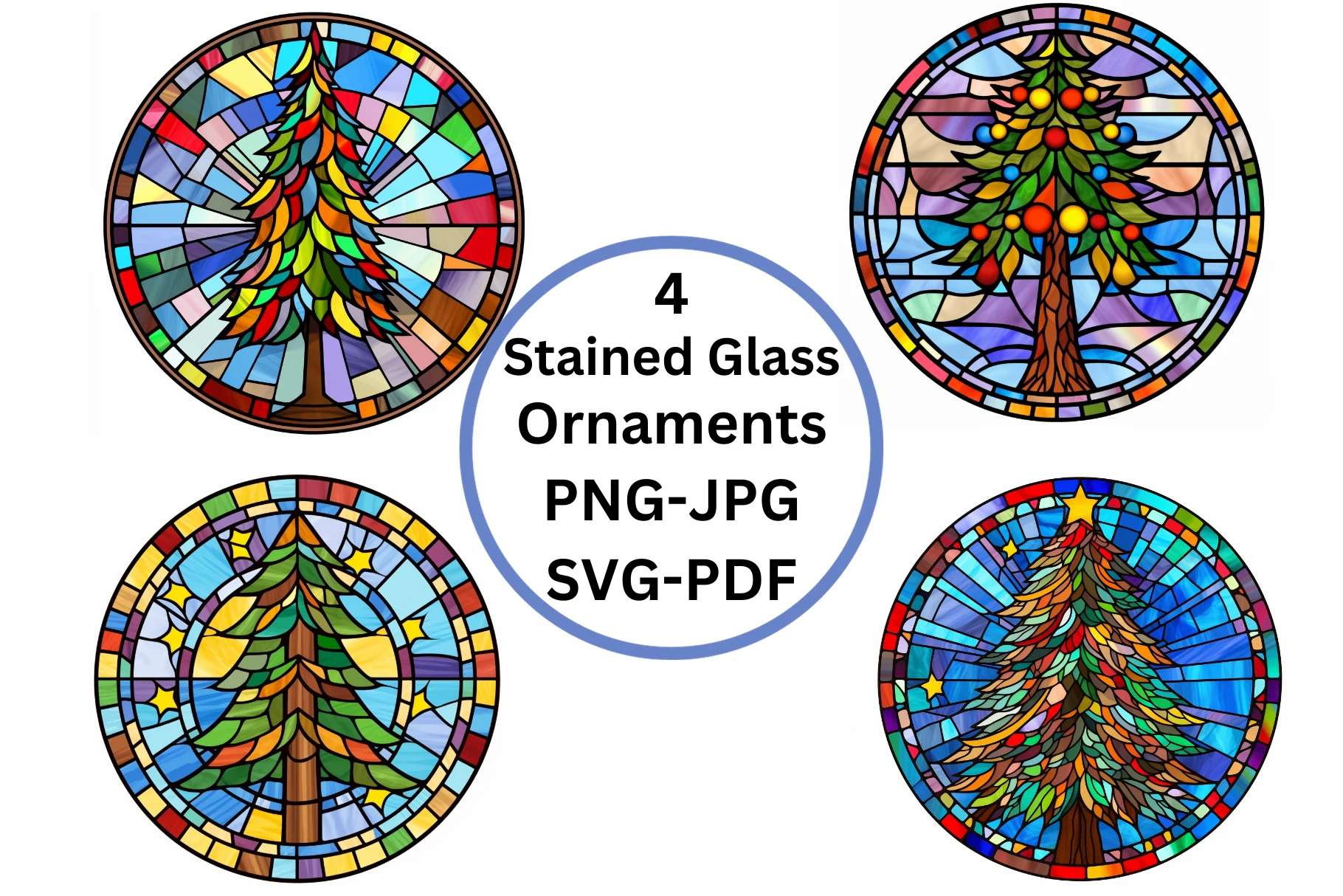 Stained Glass Ornaments PNG-JPG-SVG-PDF preview showing Christmas motifs with composition
