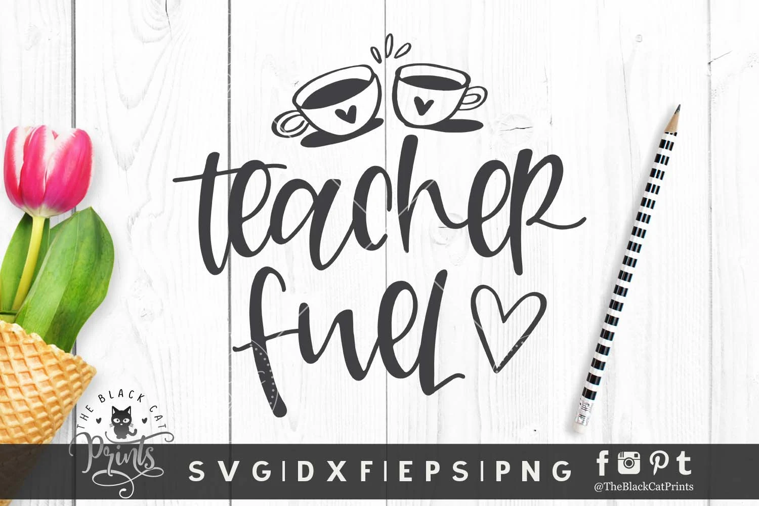 teacher fuel digital design featuring two stylized coffee mugs, rising steam, the phrase 'teacher fuel' in a casual script font, and a small heart icon.