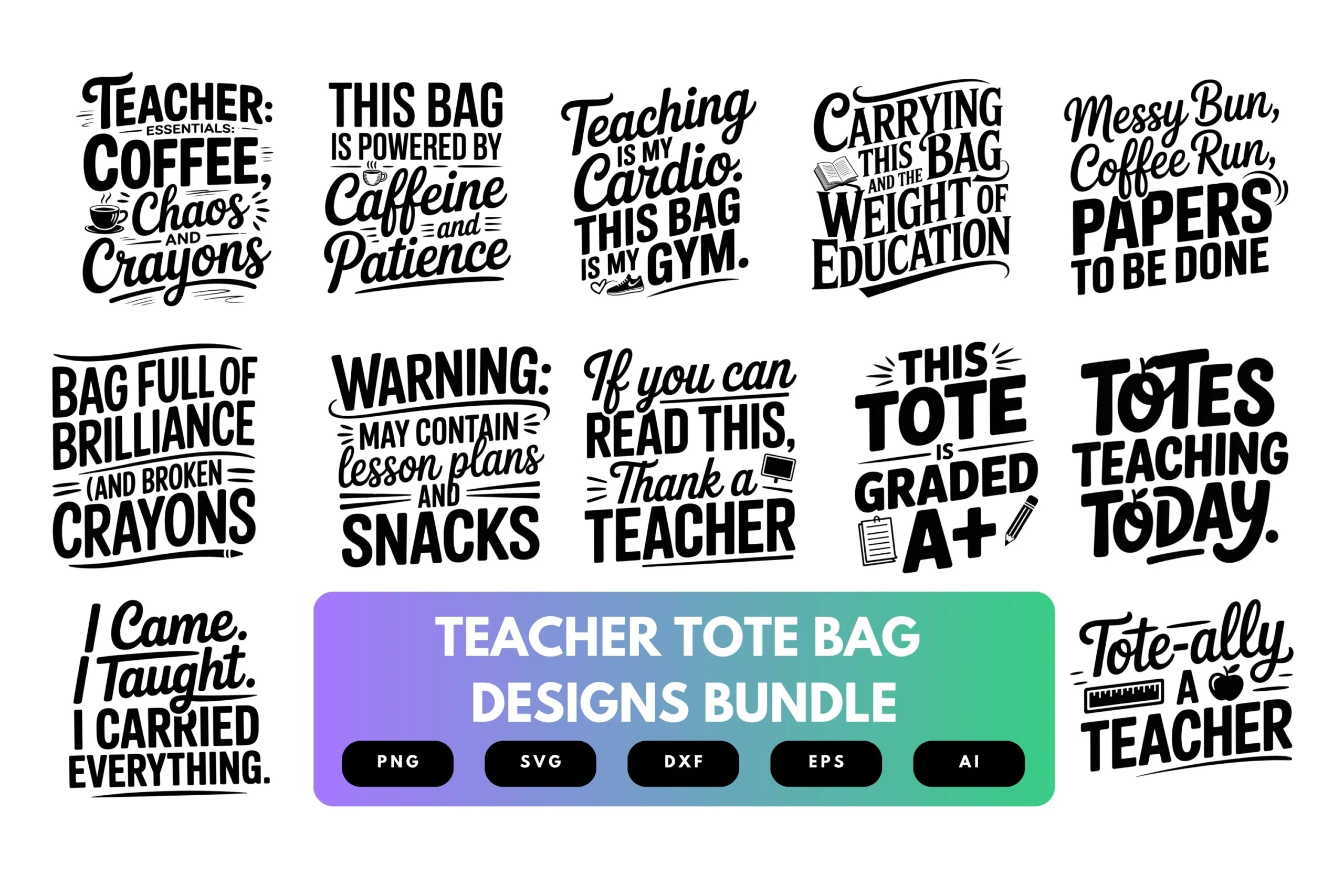 Teacher Tote Bag SVG Bundle featuring coffee cup and crayons