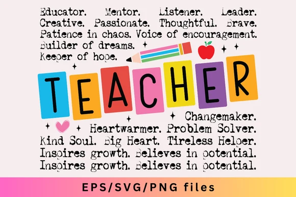 Teacher Words Png Svg, Teacher Png Svg featuring pencil and apple