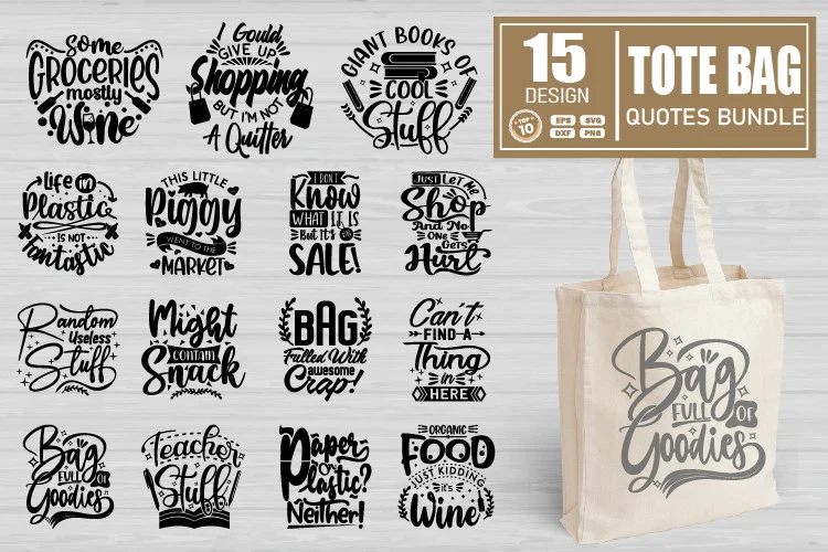 Tote Bag Quotes Bundle includes 15 monochrome typographic designs featuring quotes about shopping, wine, groceries, and hobbies, presented as a grid of individual vector badges.