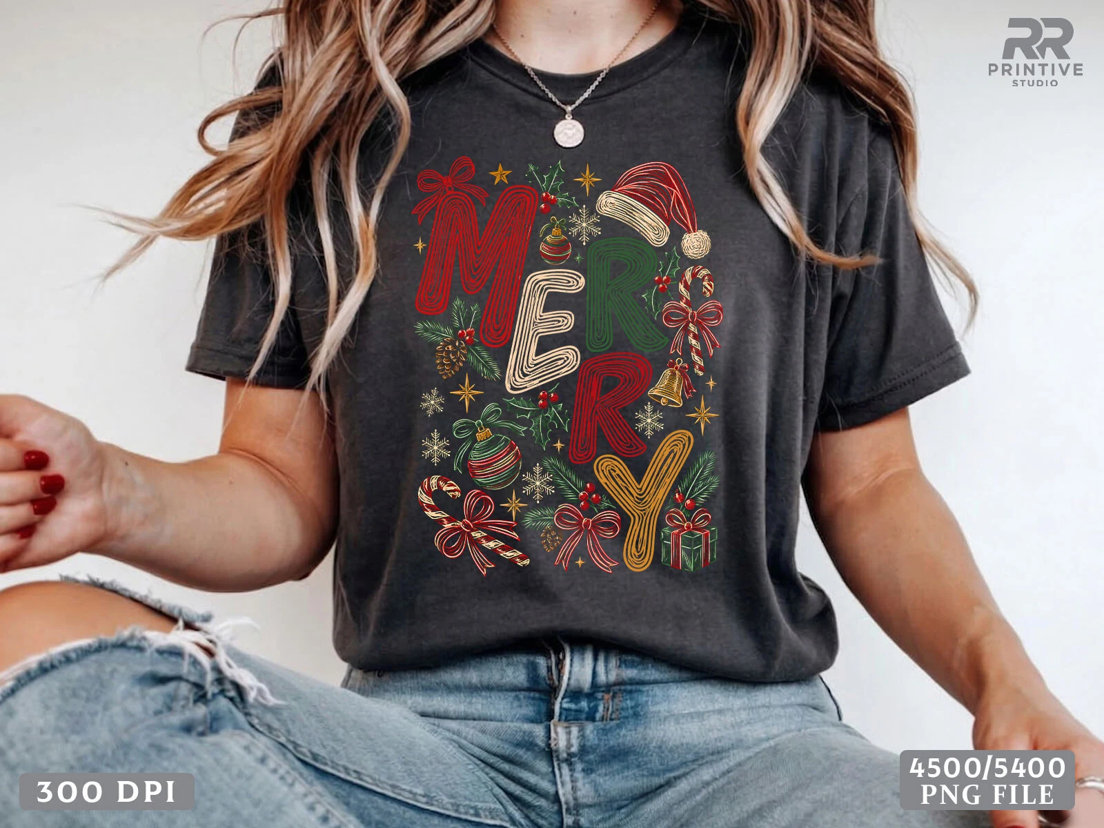 Trendy Merry Christmas PNG preview showing Christmas motifs with composition