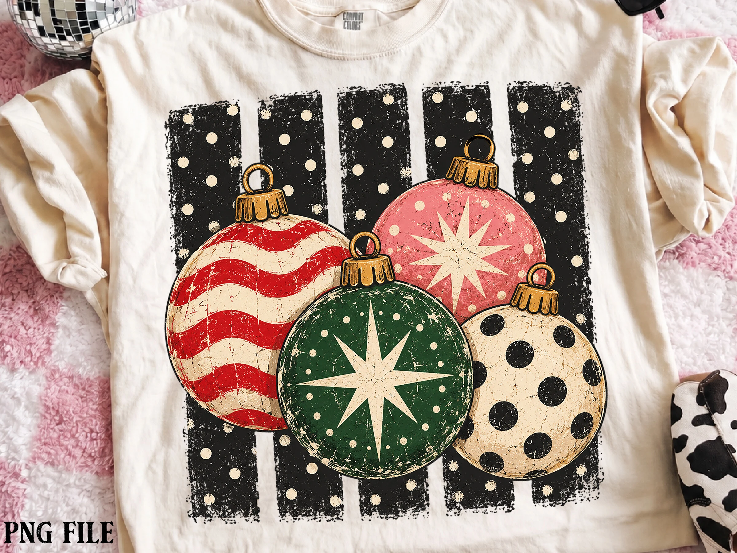 Vintage Christmas Ornaments PNG preview showing Christmas motifs with period-inspired styling