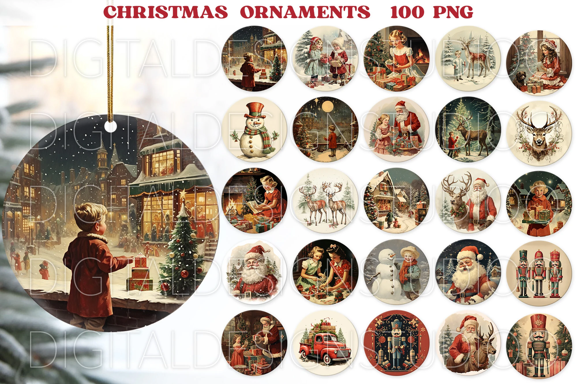 Vintage Christmas Ornaments Png, Retro preview showing Christmas motifs with period-inspired styling