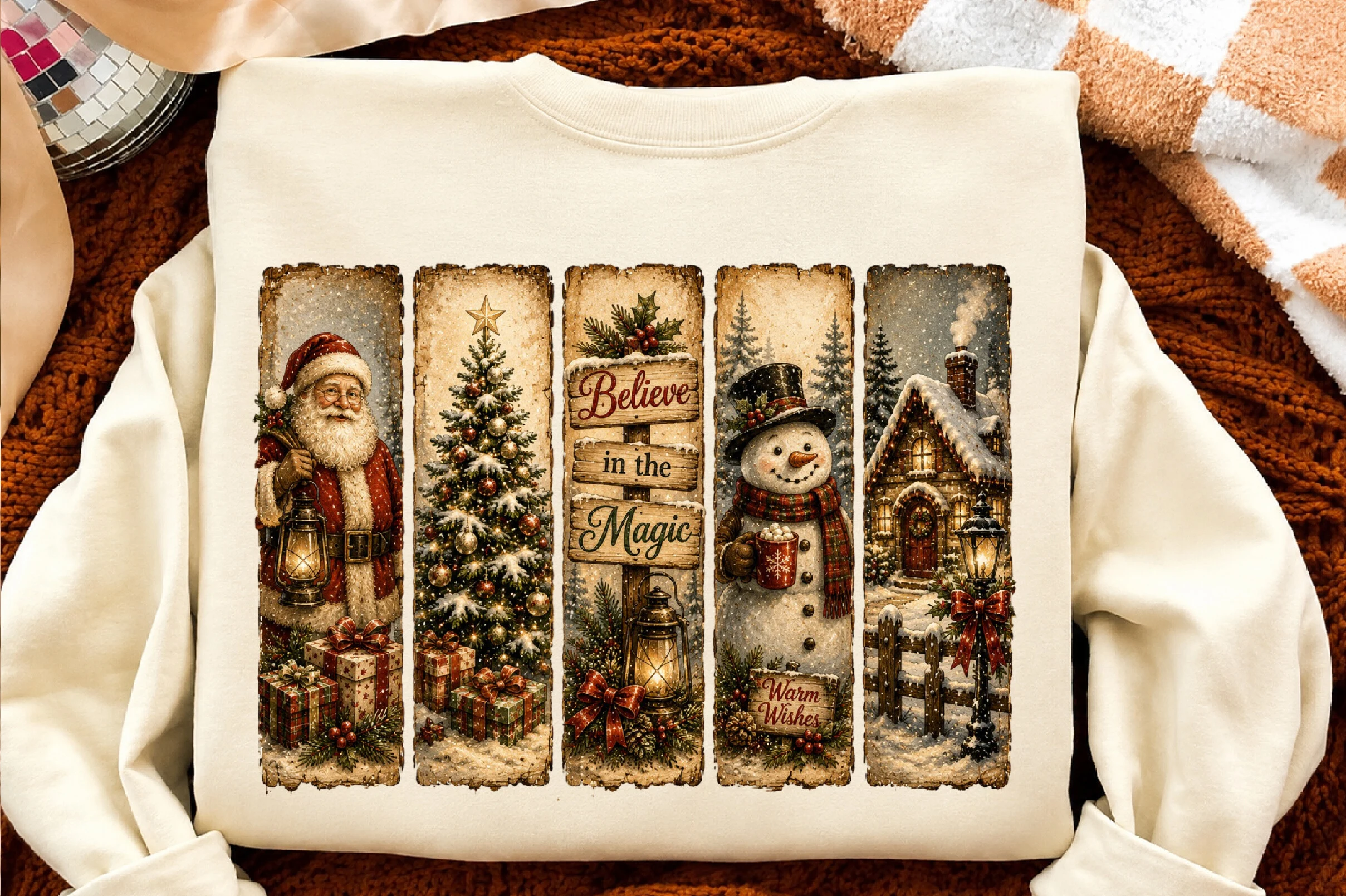 Vintage Christmas Santa Snowman PNG preview showing Christmas motifs with period-inspired styling