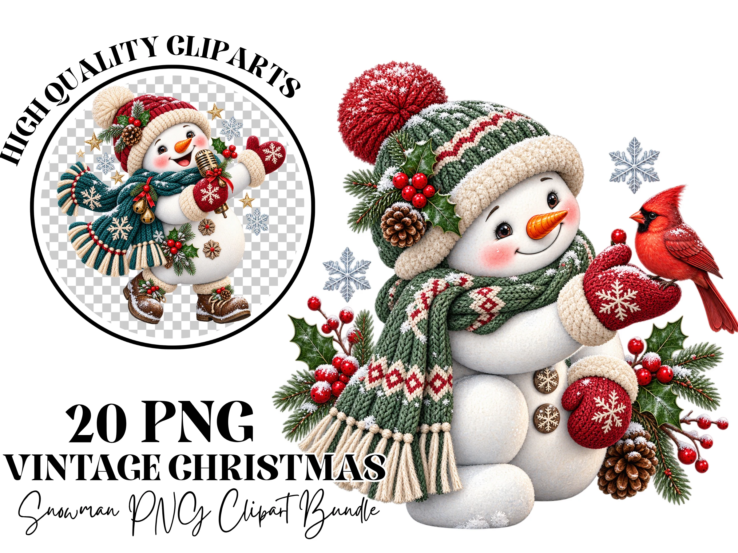 Vintage Christmas Snowman PNG Clipart preview showing botanical motifs with period-inspired styling