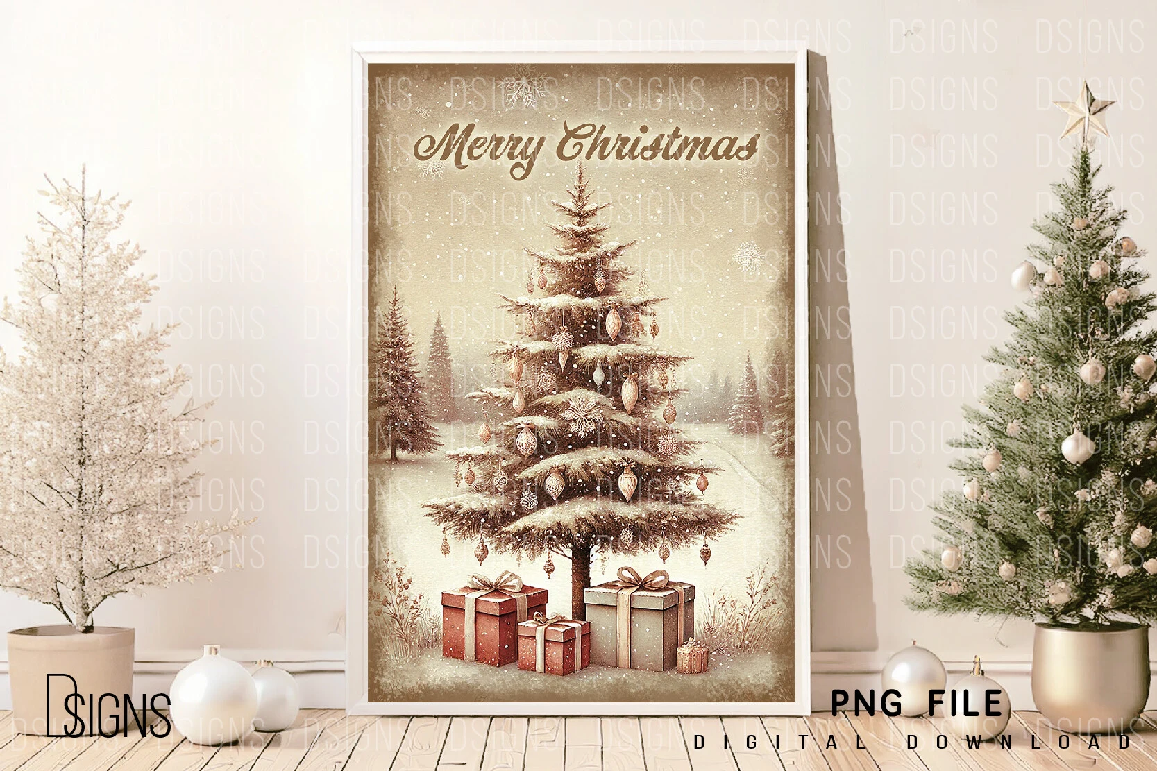 Vintage Christmas Tree Png Sign Wall Art preview showing Christmas motifs with period-inspired styling