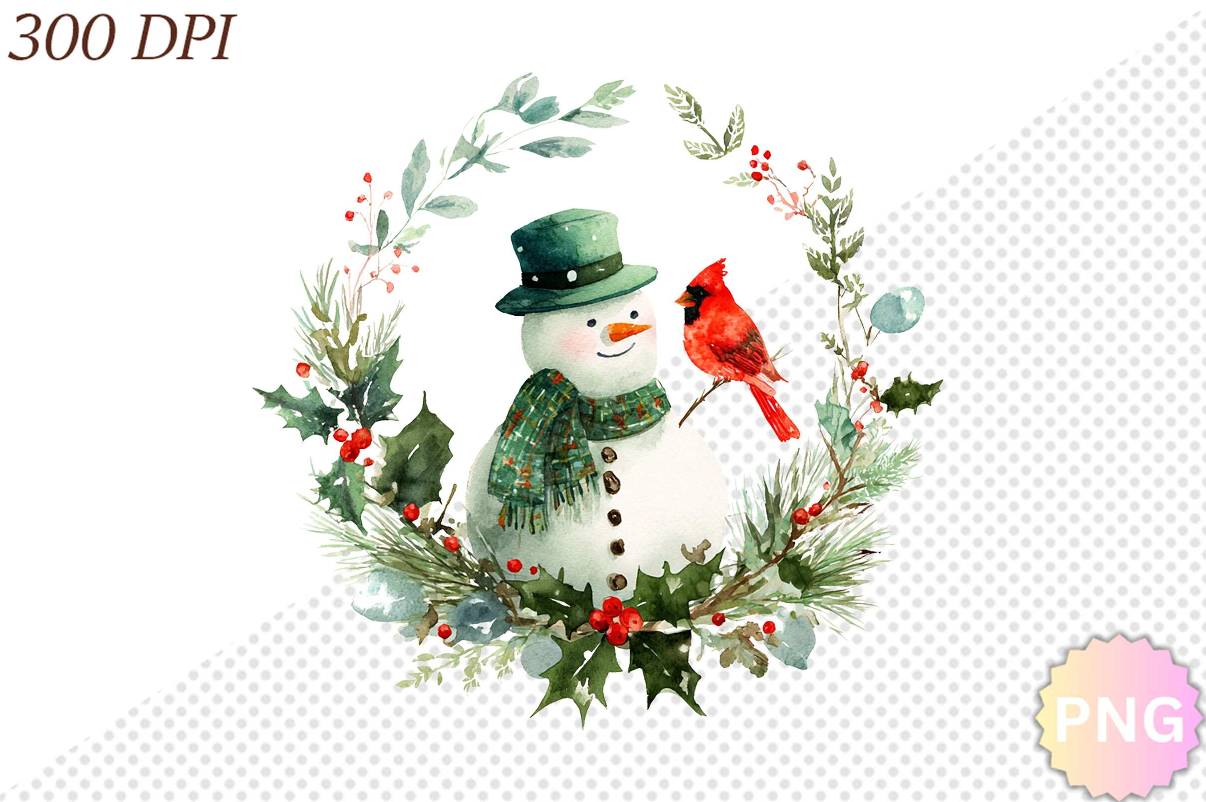 Vintage Snowman Christmas Wreath PNG preview showing Christmas motifs with period-inspired styling