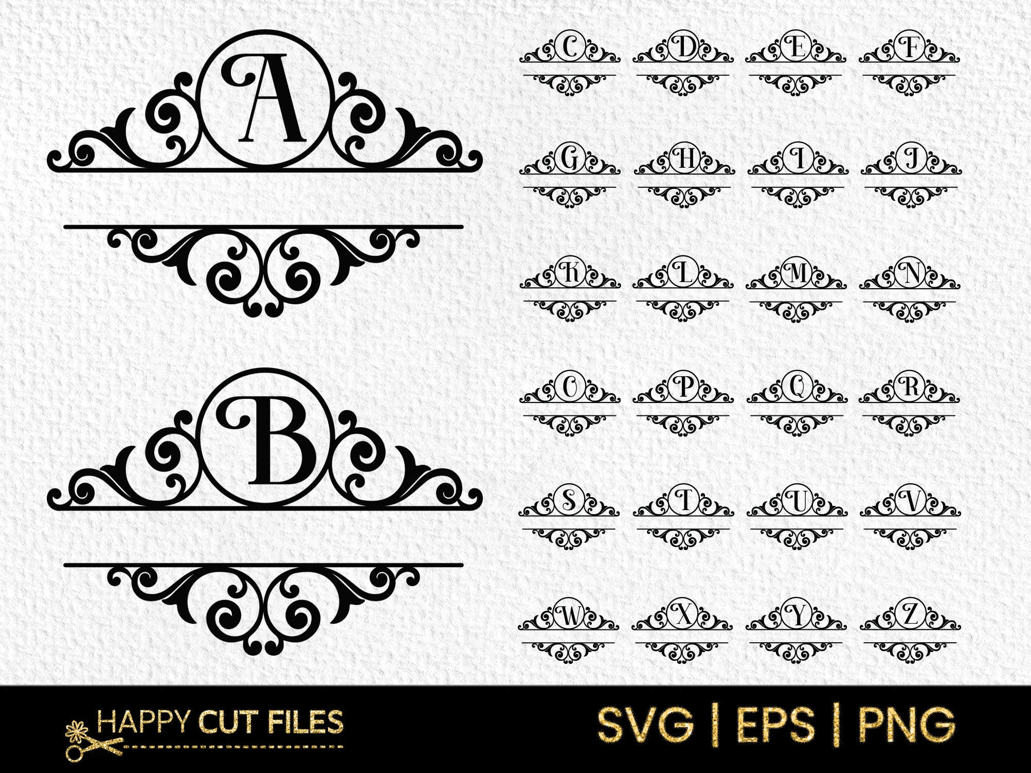 Vintage Split Monogram Alphabet a-Z Svg featuring monogram and ornamental frame
