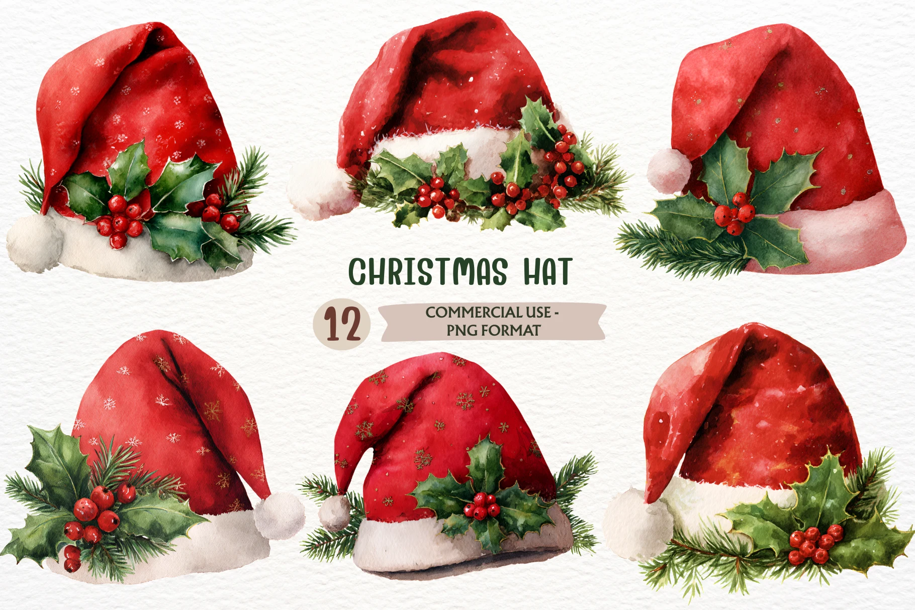 Watercolor Christmas Hat PNG Santa preview showing Christmas motifs with soft watercolor texture