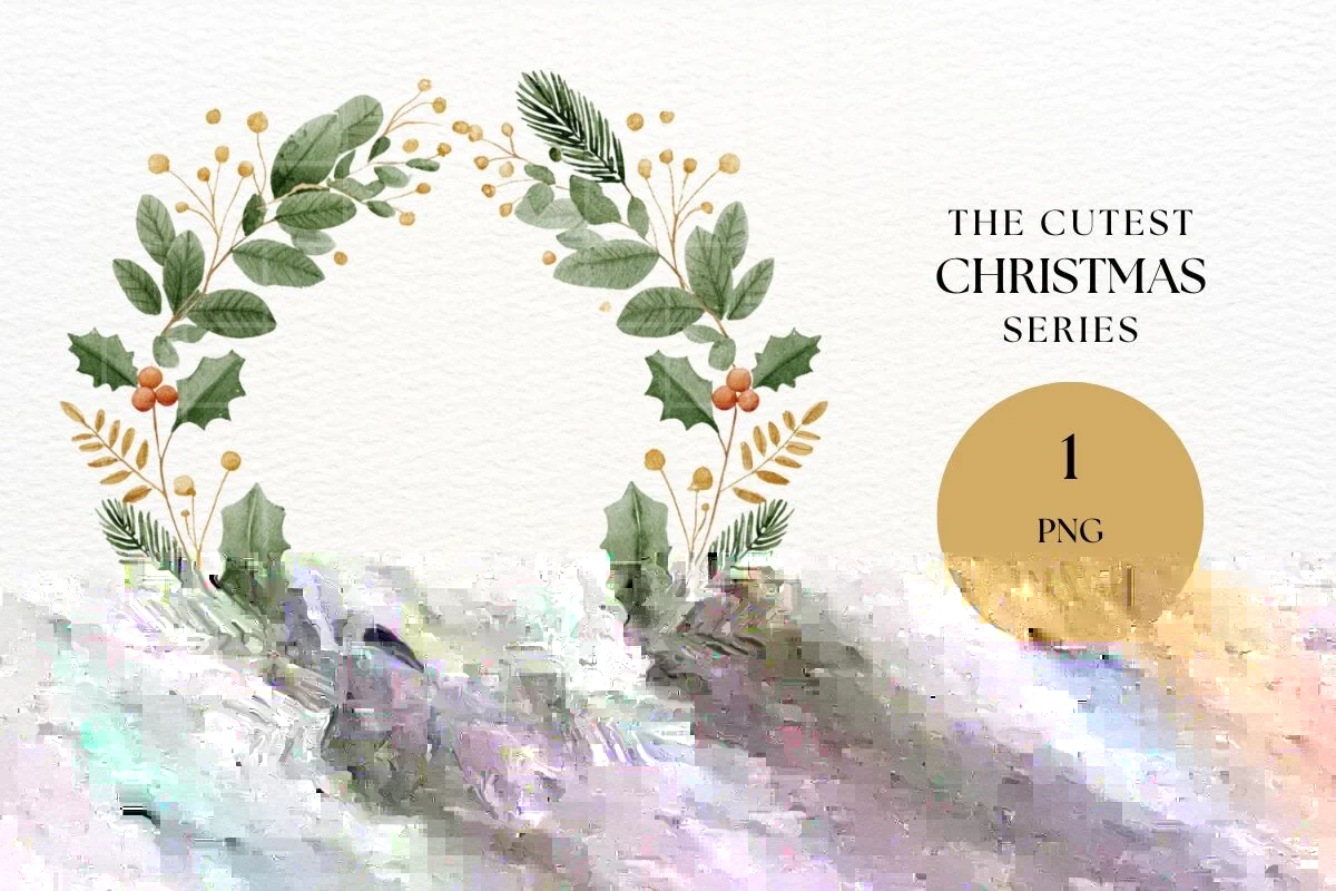 Watercolor Christmas Wreath PNG preview showing characters with soft watercolor texture