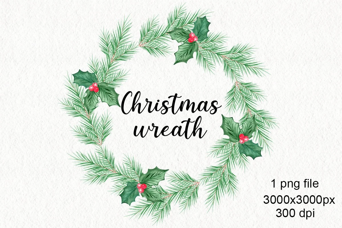 Watercolor Holly Christmas Wreath Png preview showing Christmas motifs with soft watercolor texture