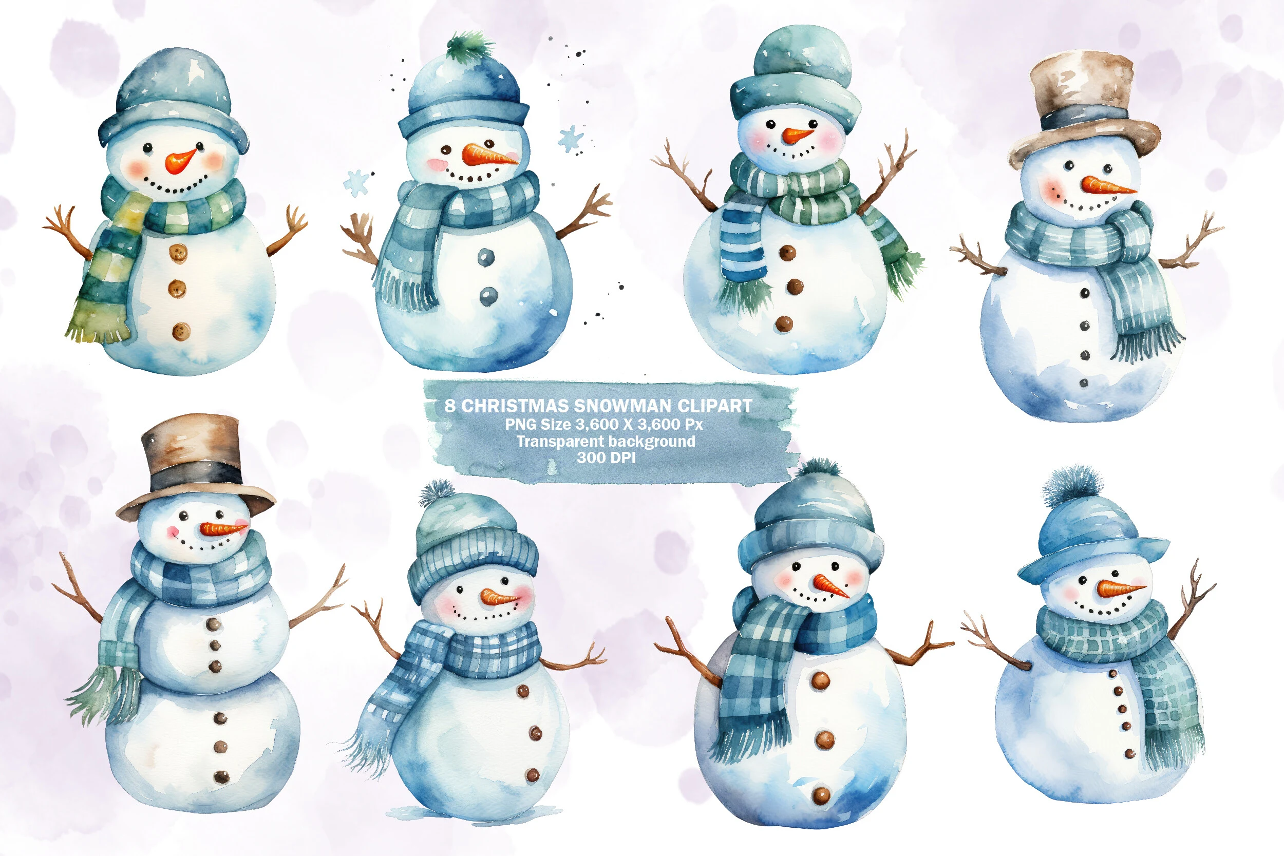 Watercolor Snowman PNG Clipart preview showing clipart design with soft watercolor texture