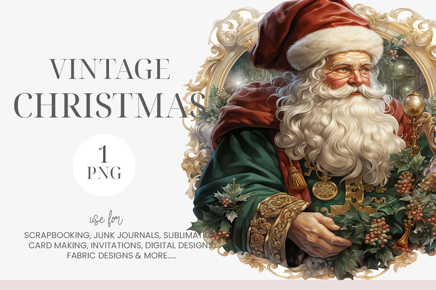 Watercolor Vintage Christmas Santa PNG preview showing Christmas motifs with soft watercolor texture