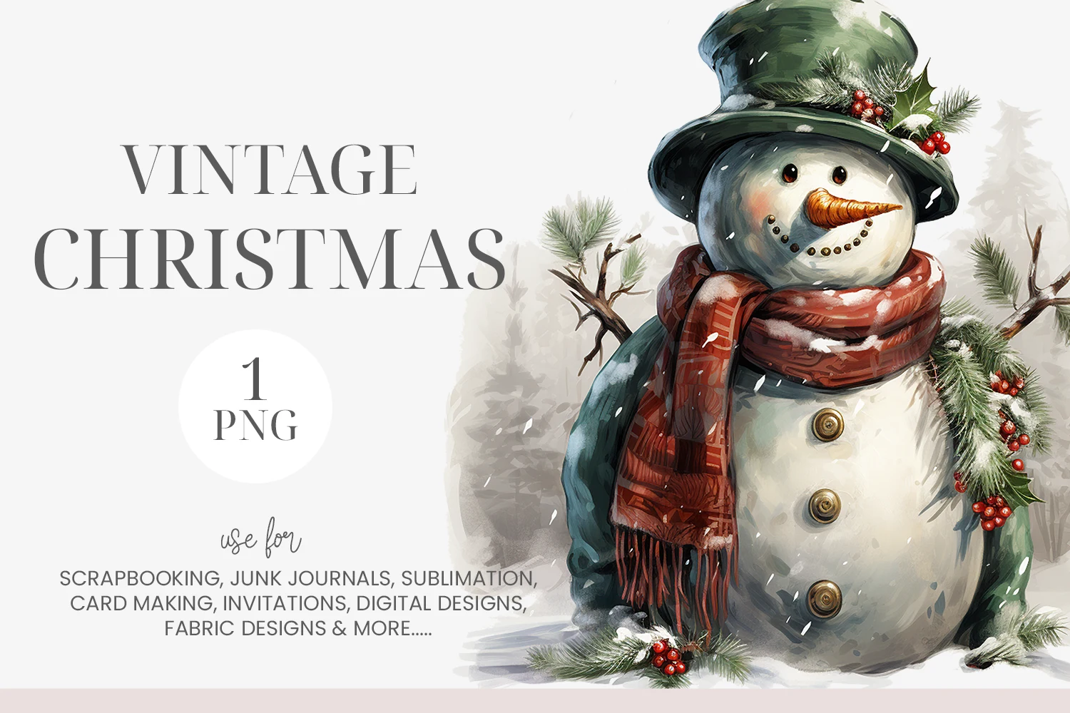 Watercolor Vintage Christmas Snowman PNG preview showing Christmas motifs with soft watercolor texture