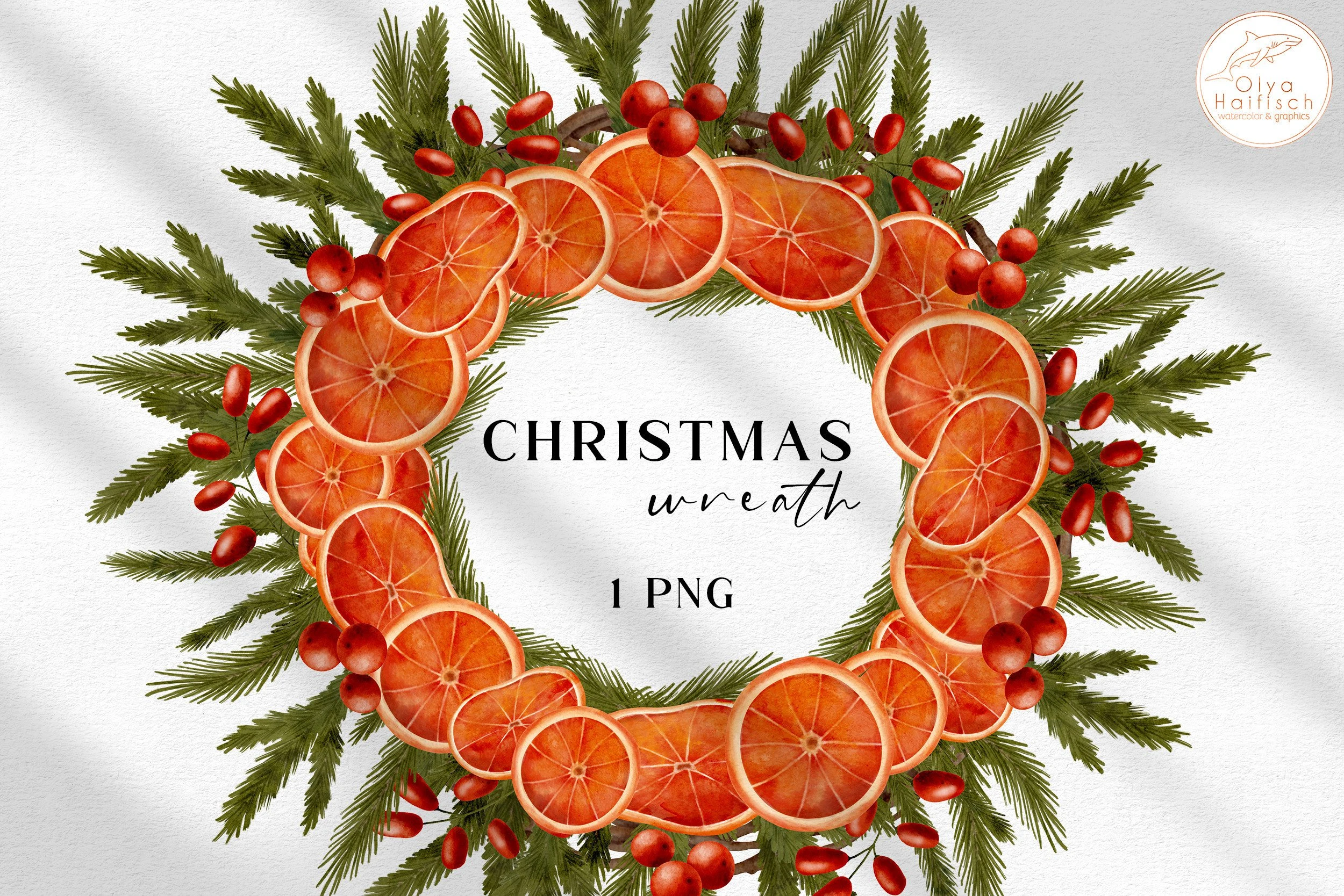 Watercolor Winter Christmas Wreath PNG preview showing Christmas motifs with soft watercolor texture