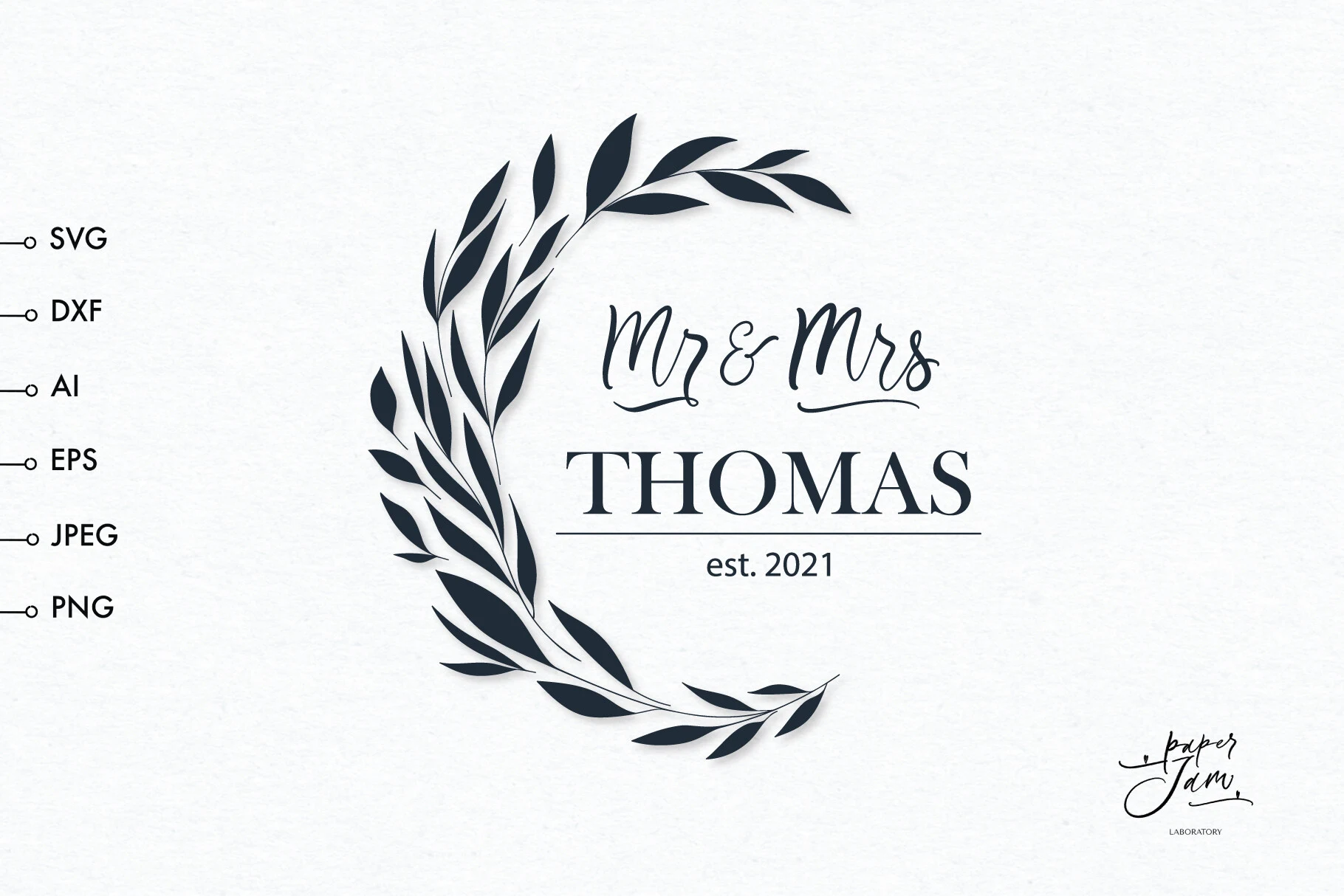 Wedding Monogram Frame Svg Family Name featuring leafy branch and wreath