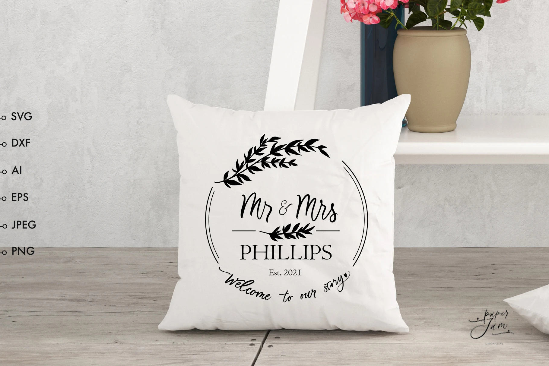Wedding Monogram Frame Svg, Mr and Mrs featuring laurel wreath and leaf branches