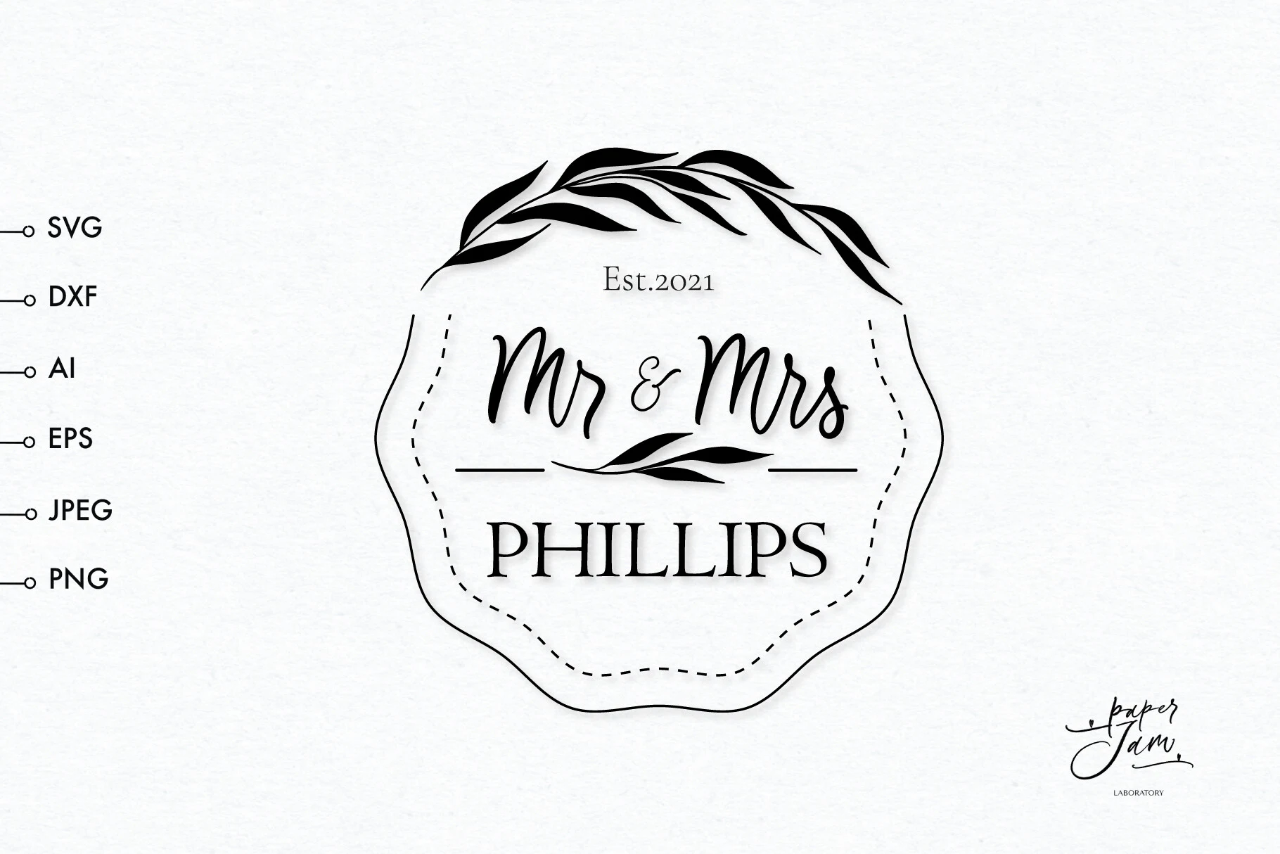 Wedding Monogram Frame Svg featuring leafy branch and wavy-edged emblem frame