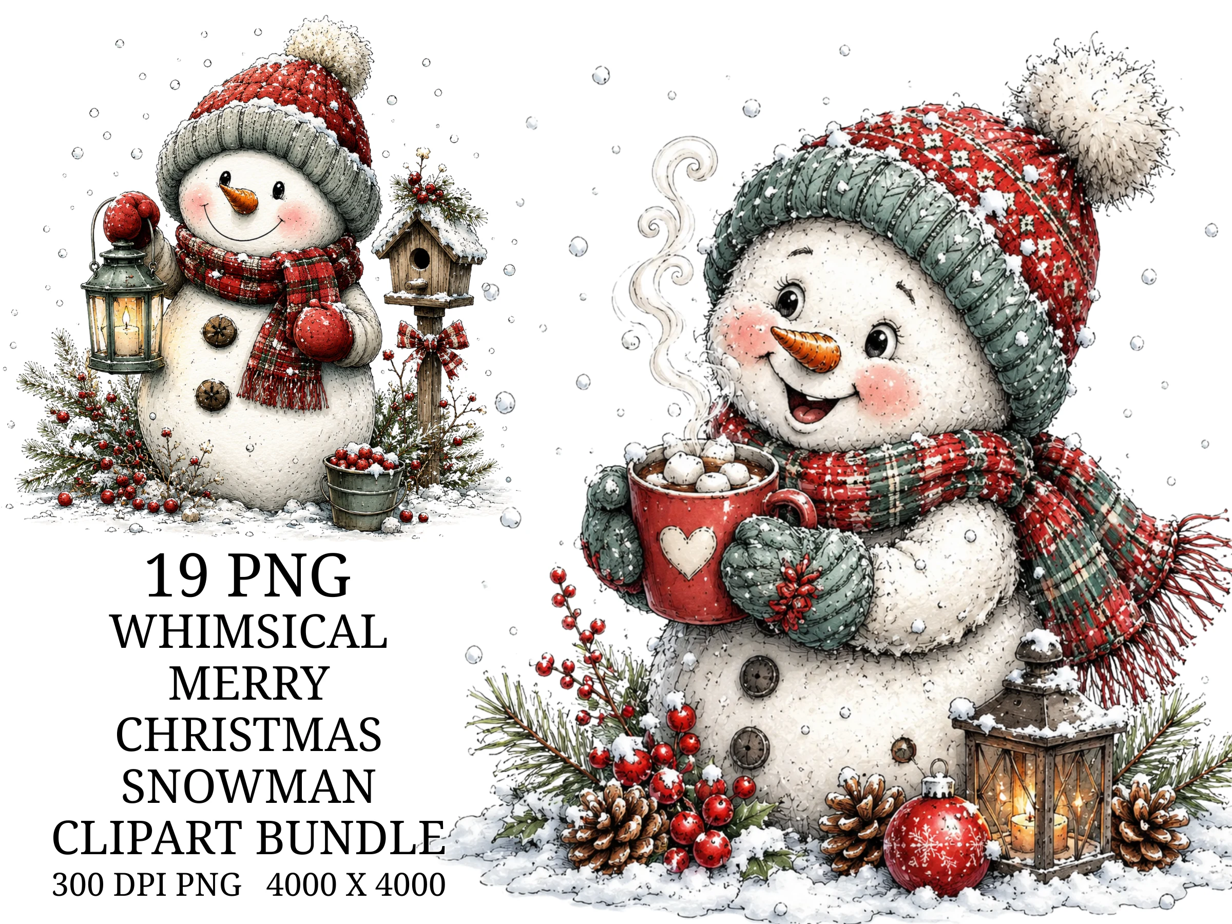 Whimsical Christmas Snowman PNG Bundle preview showing Christmas motifs with soft watercolor texture