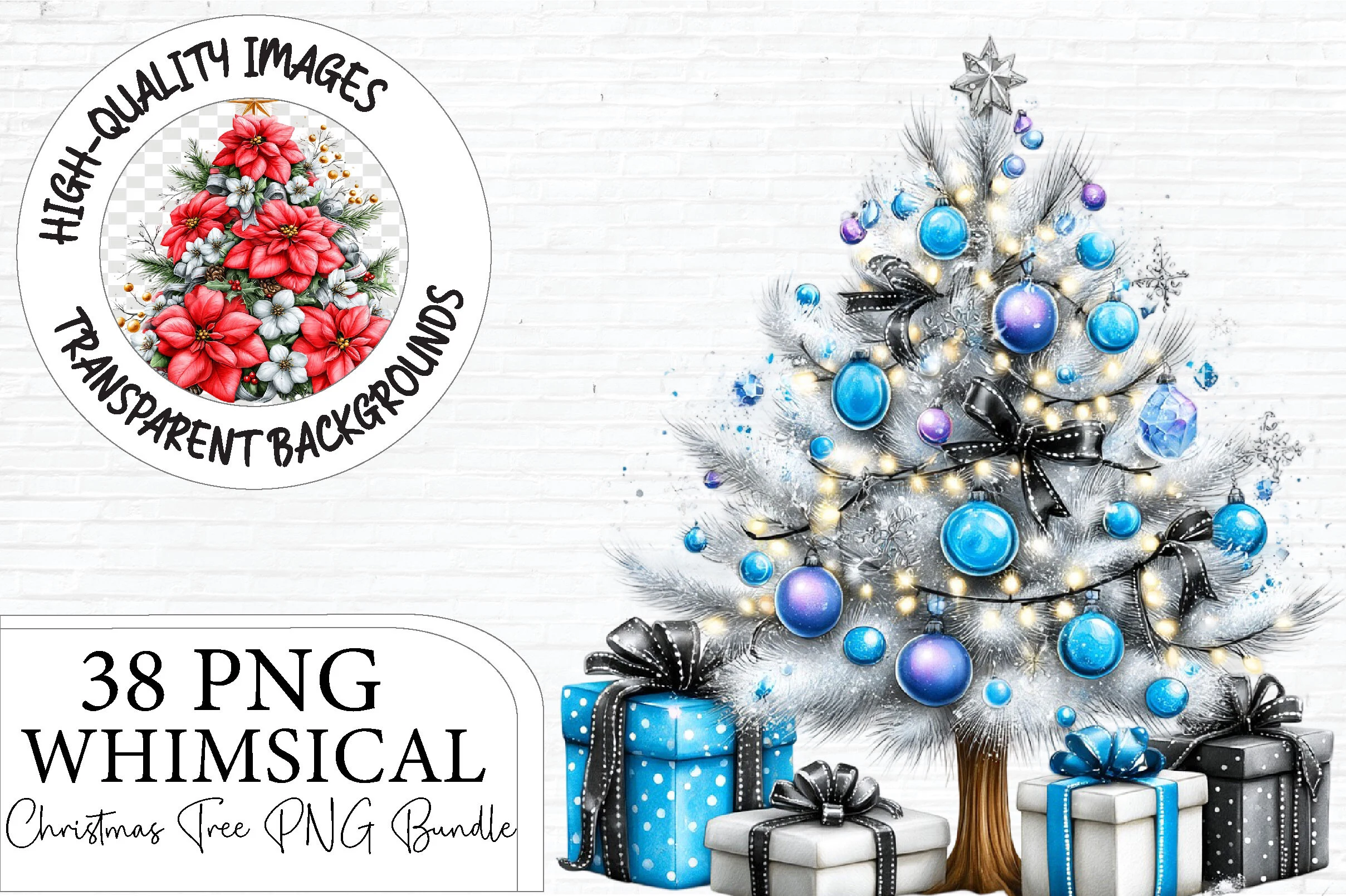Whimsical Christmas Tree PNG Bundle preview showing Christmas motifs with soft watercolor texture