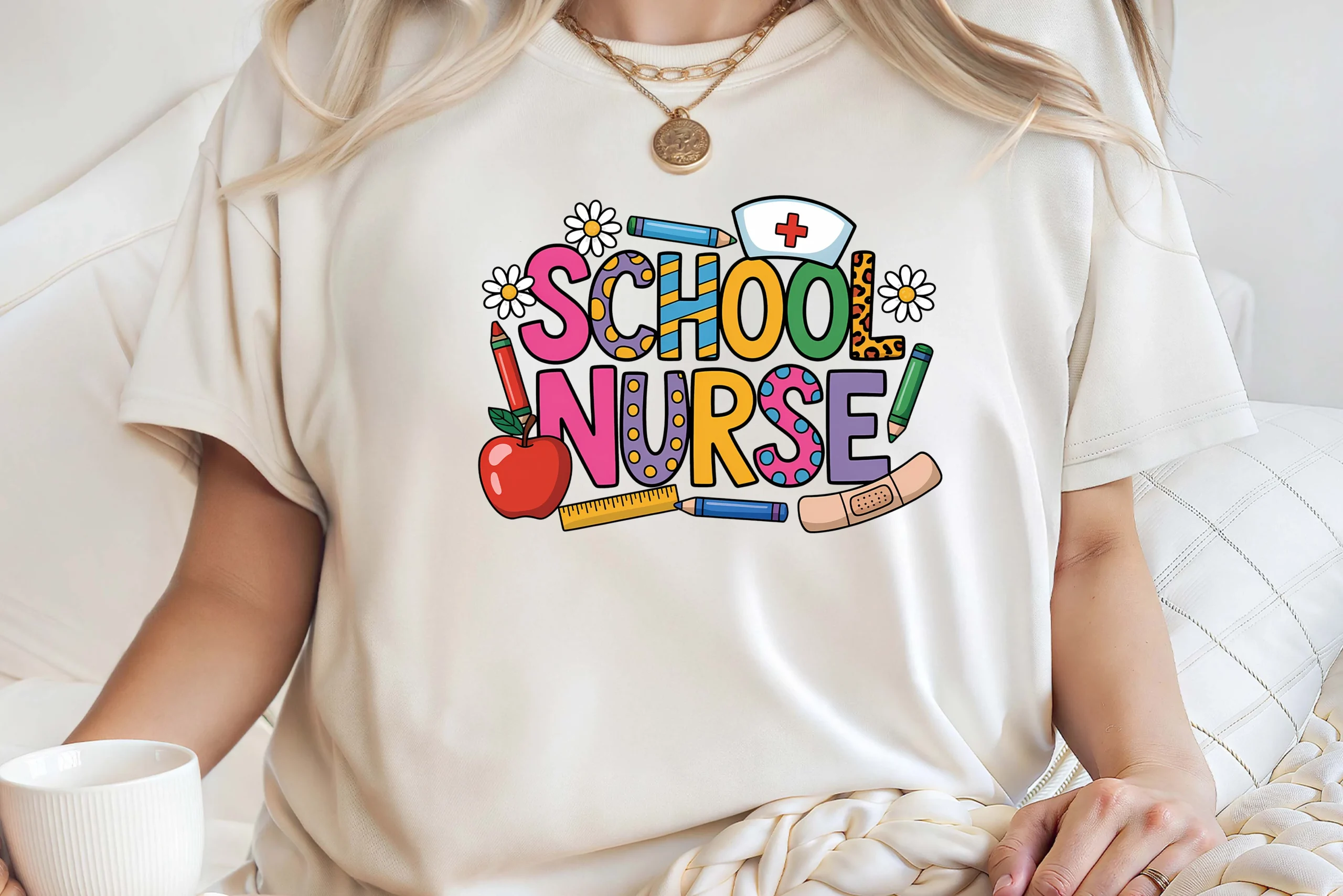 Women Trendy School Nurse Shirt PNG featuring school supplies and nurse cap